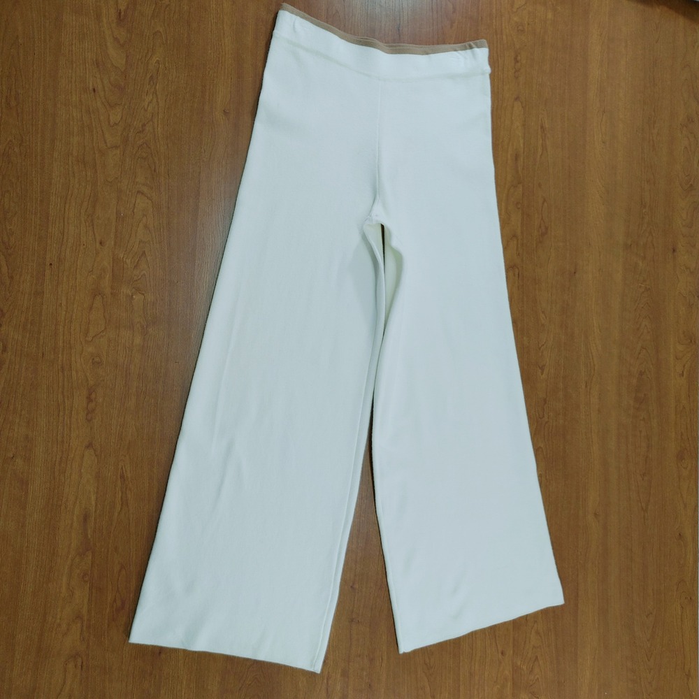 Marled Womens Size XS White Knit Wide Leg Pants High Rise Tan Trim